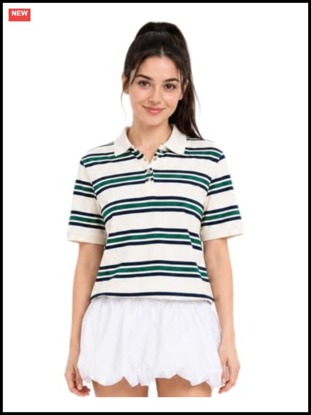 Cropped Striped Polo Shirt Rugby Button Up Cotton Spandex Preppy Summer Top